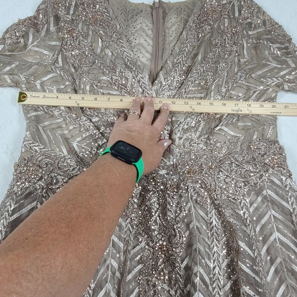 Mac Duggal 20189 Chevron Embellished Long Sleeve Gown Taupe Size 16 Formal - Picture 10 of 16